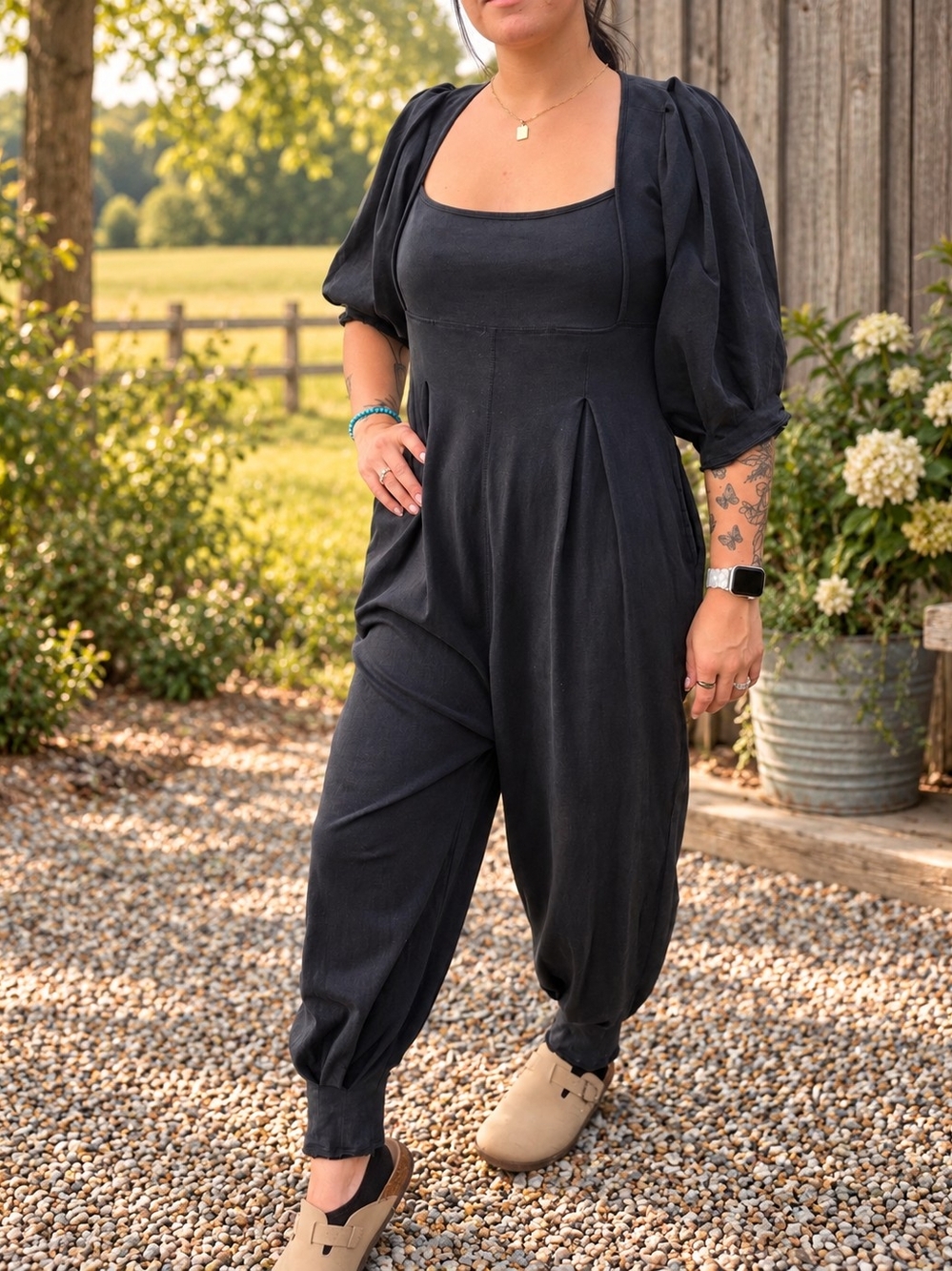 Free People Movement Black Puff Sleeve Harem Jumpsuit Romper Balloon Leg Boho